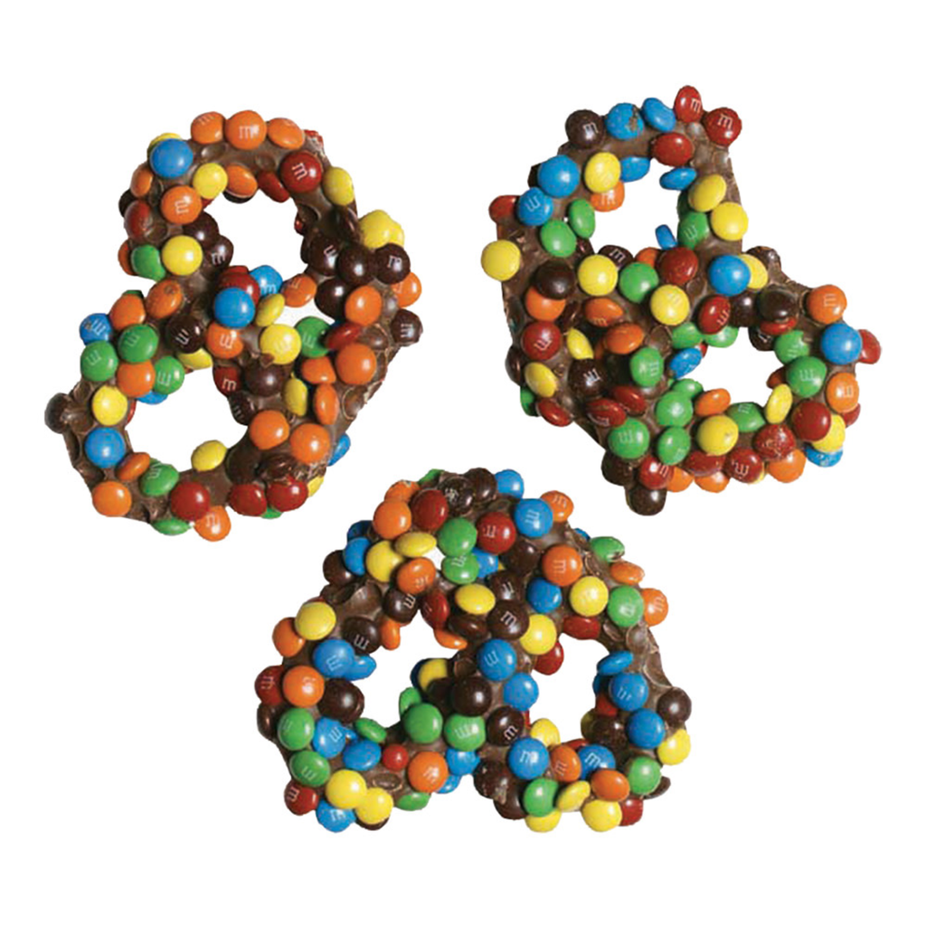 Chocolate Dipped Pretzels with M&Ms